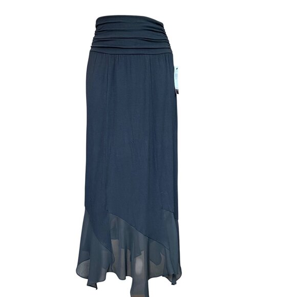 New AB Studio Super Soft Maxi Skirt w/ Chiffon Asymmetric Hem L Black #269J - Picture 1 of 8